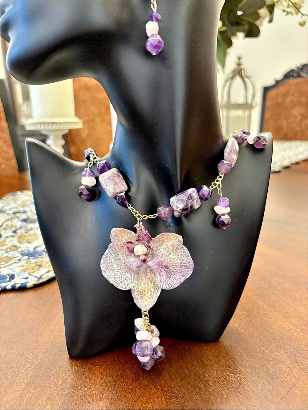 Purple Floral Pendant Necklace Set